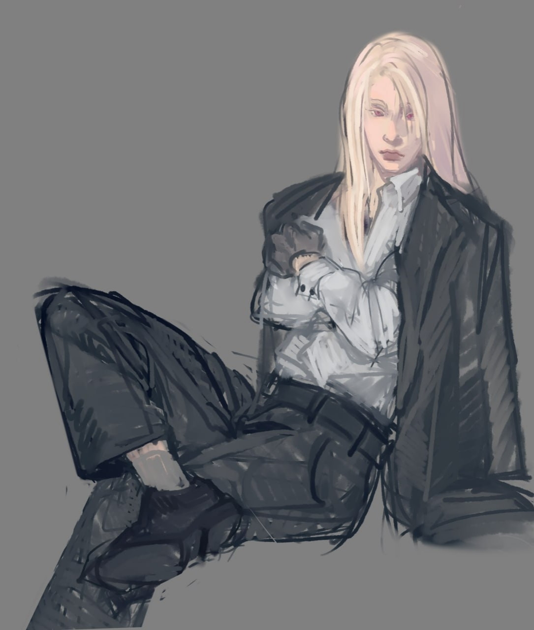 Illustration of a masculine albino woman in a gray suit, sitting with arms crossed and one leg draped over the other, blazer hanging on her shoulders.