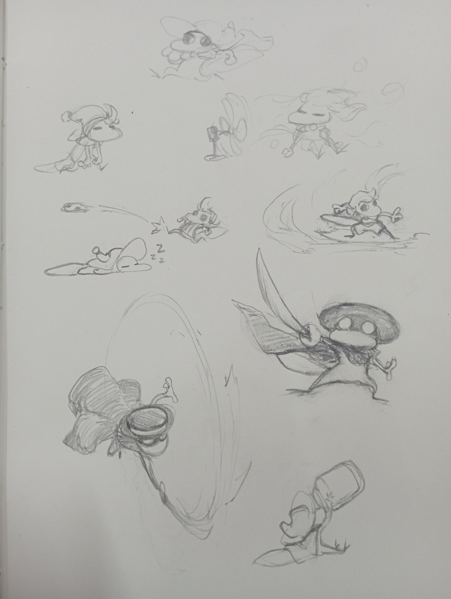 A little lizard creature wearing different outfits and performing various activities.