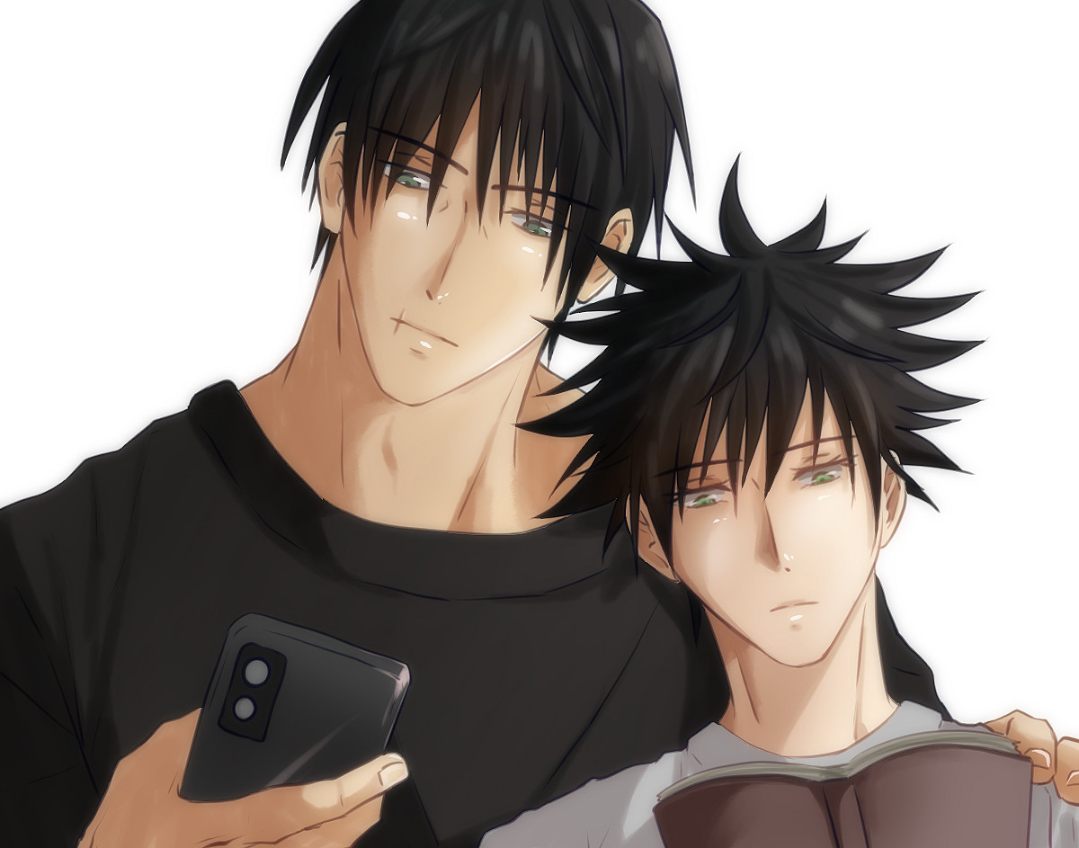 toji on his phone with his arm on megumi's shoulder