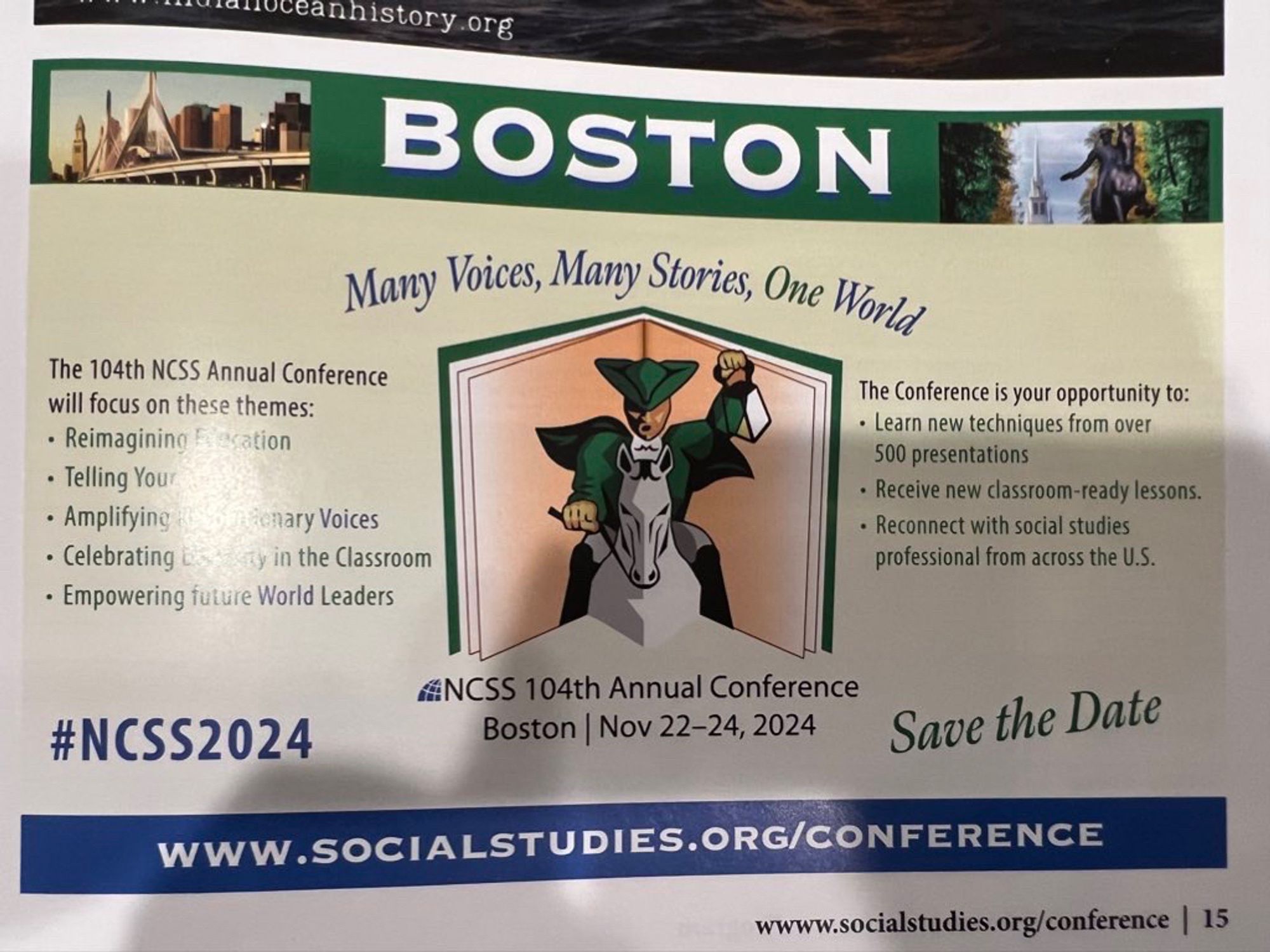 Flyer for National Council for the Social Studies conference on Nov 22-24 , 2024. Theme is Many Voices, Many Stories, One World.