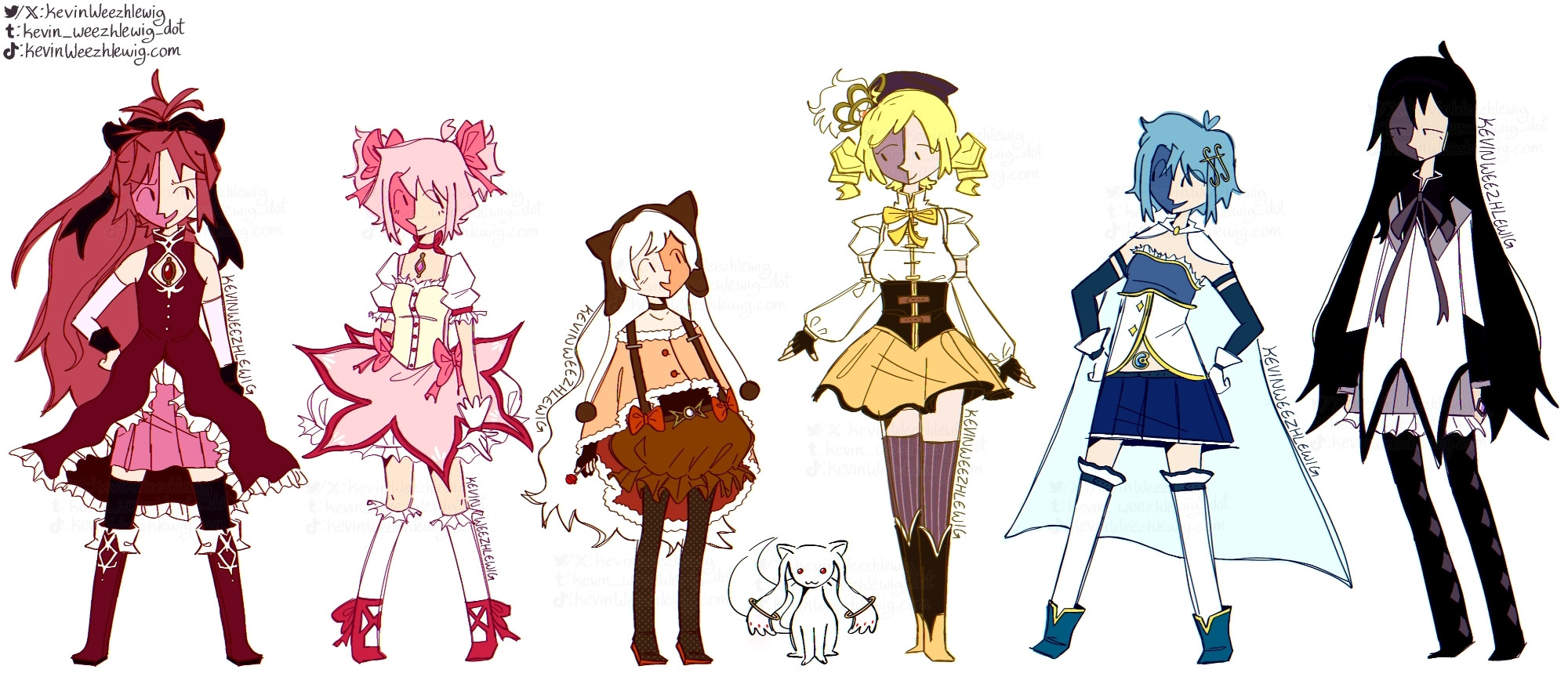 The 6 main magical girls in madoka magica in rainbow order. Starting with Kyoko (Far Left), Madoka, Nagisa, Mami, Sayaka, and Homura. With Kyubey in between nagisa and mami at their feet.