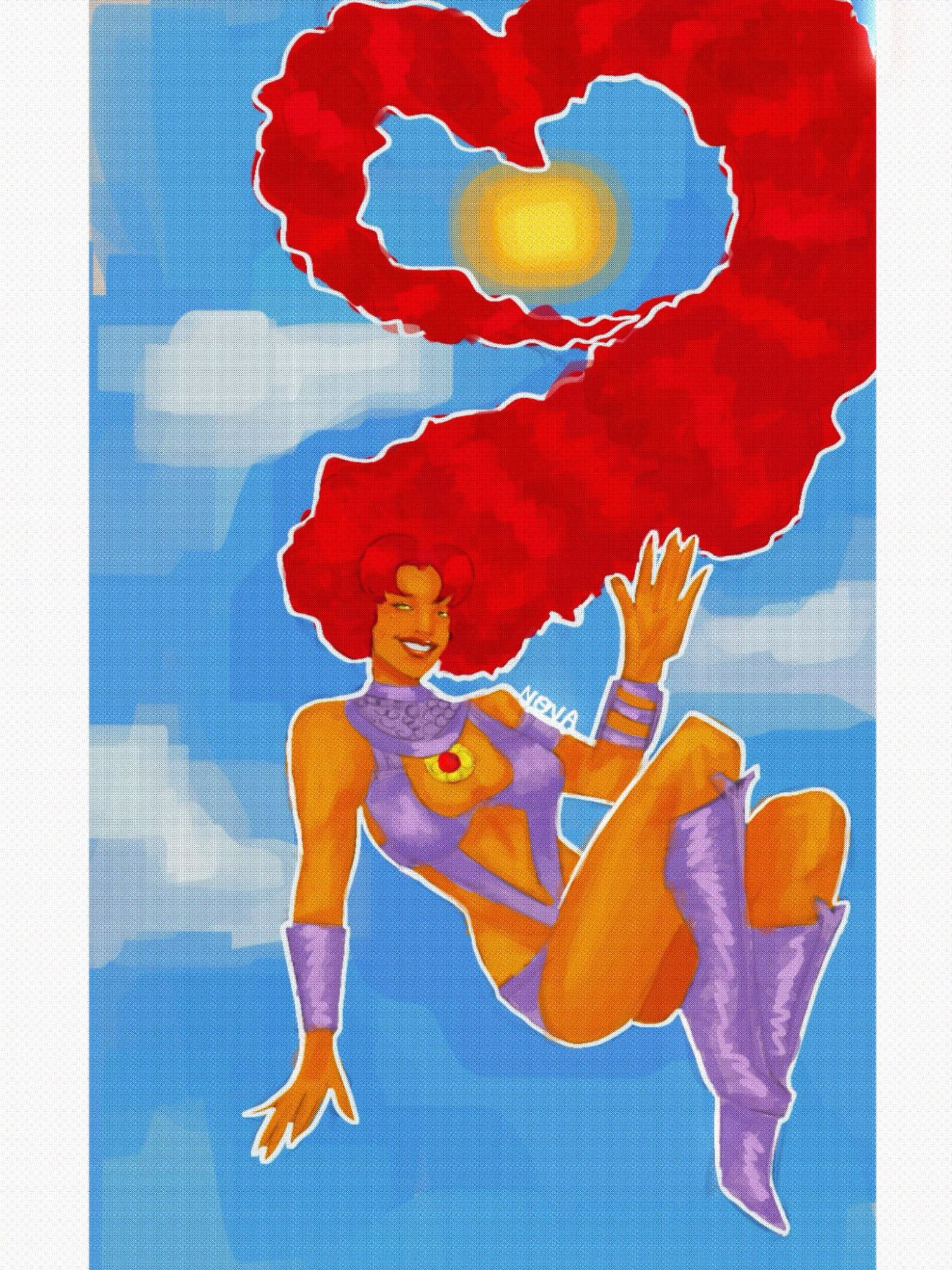 Starfire, in her classic outfit, floating in front of a blue sky. Her hair is long and it's shaped like a heart.