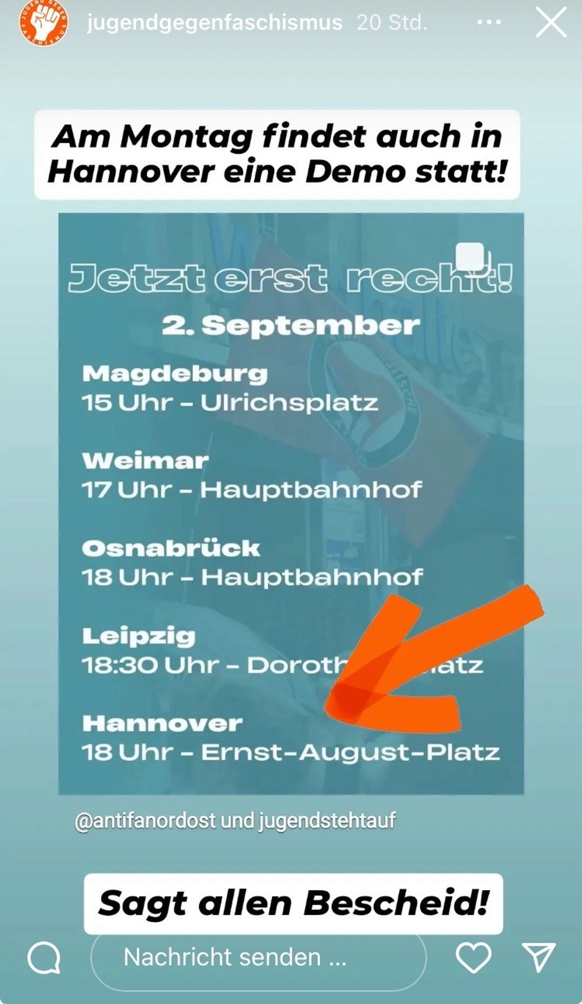 Am Montag findet auch eine Demo in Hannover statt. Jetzt erst recht! 2. September, Magdeburg 15 Uhr, Ulrichchsplatz; Weimar 17 Uhr, Hauptbahnhof; Osnabrück 18 Uhr, Hauptbahnhof; Leipzig 18.30 Dorotheenplatz; Hannover 18 Uhr, Ernst-August-Platz. Sagt allen Bescheid!