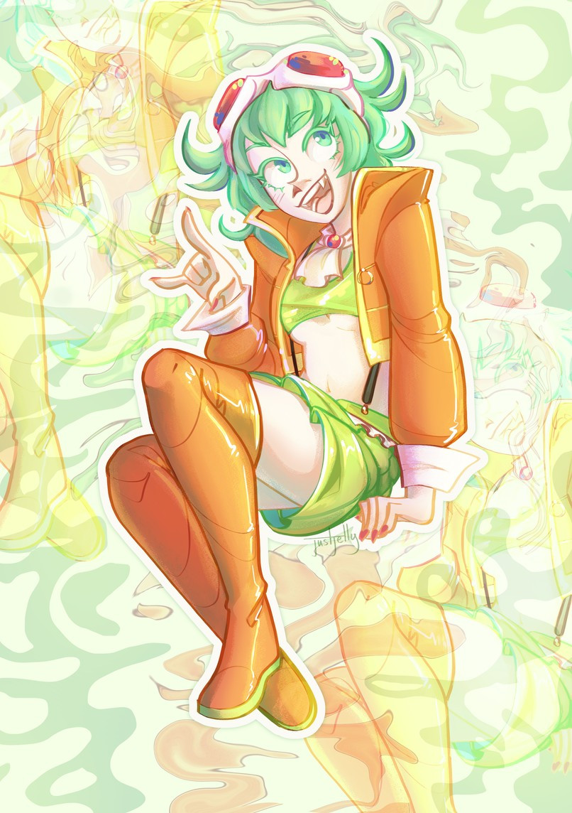 Vocaloid GUMI V3 (Adult) is sitting on a colourful background looking at the camera and doing “horns” gesture with her right hand.