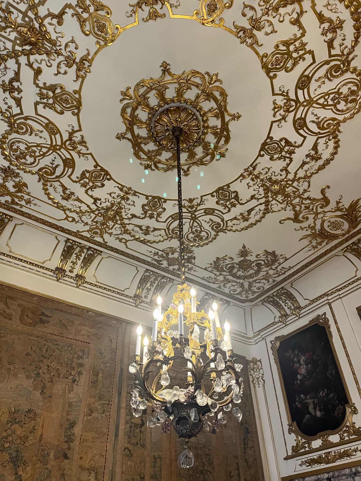 Interior of Anderson House in DC. Chandelier hanging from white and gold ceiling with tapestry and portrait in background.