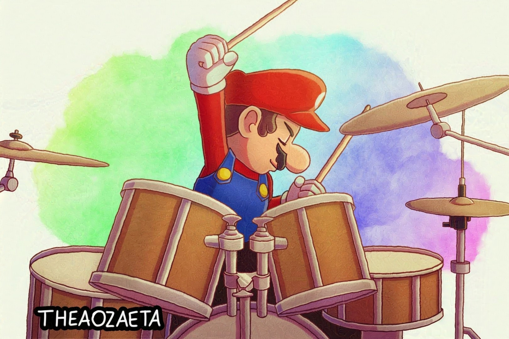 Digital art illustration of Mario playing a drum set. The artist's signature, theaozaeta, is in the bottom left corner