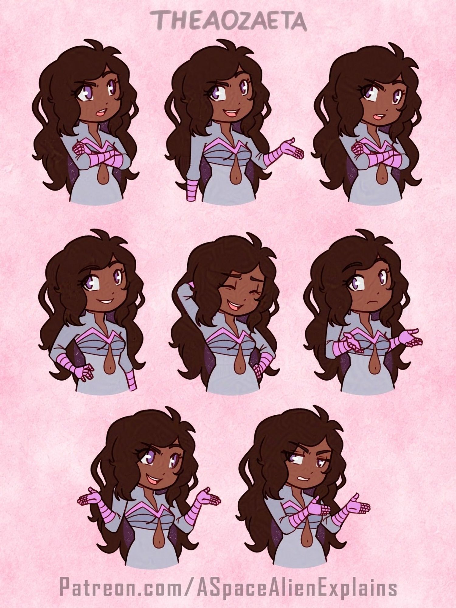 Pngtuber character expression sheet. Artist signature theaozaeta is written at the top. Artist website patreon.com/ASpaceAlienExplains is written on the bottom