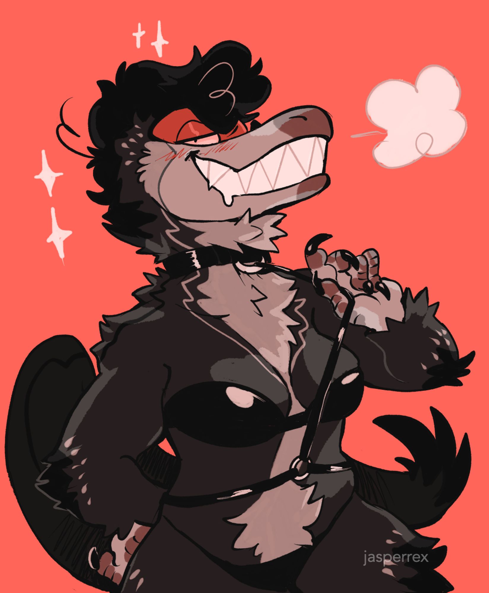 a drawing of a dinosaur anthro in a harness