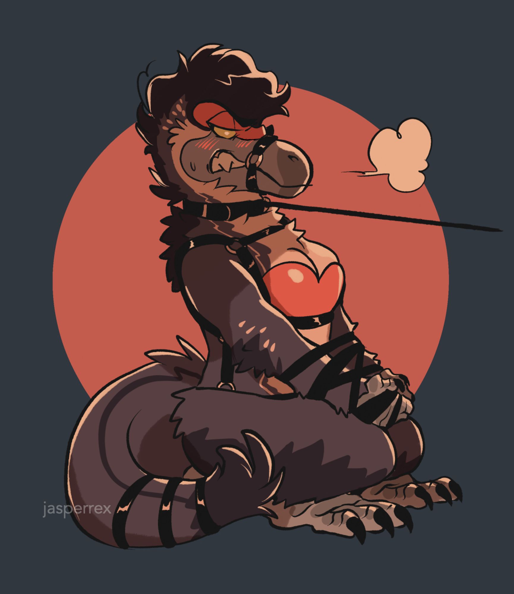 a drawing of a dinosaur anthro in a harness