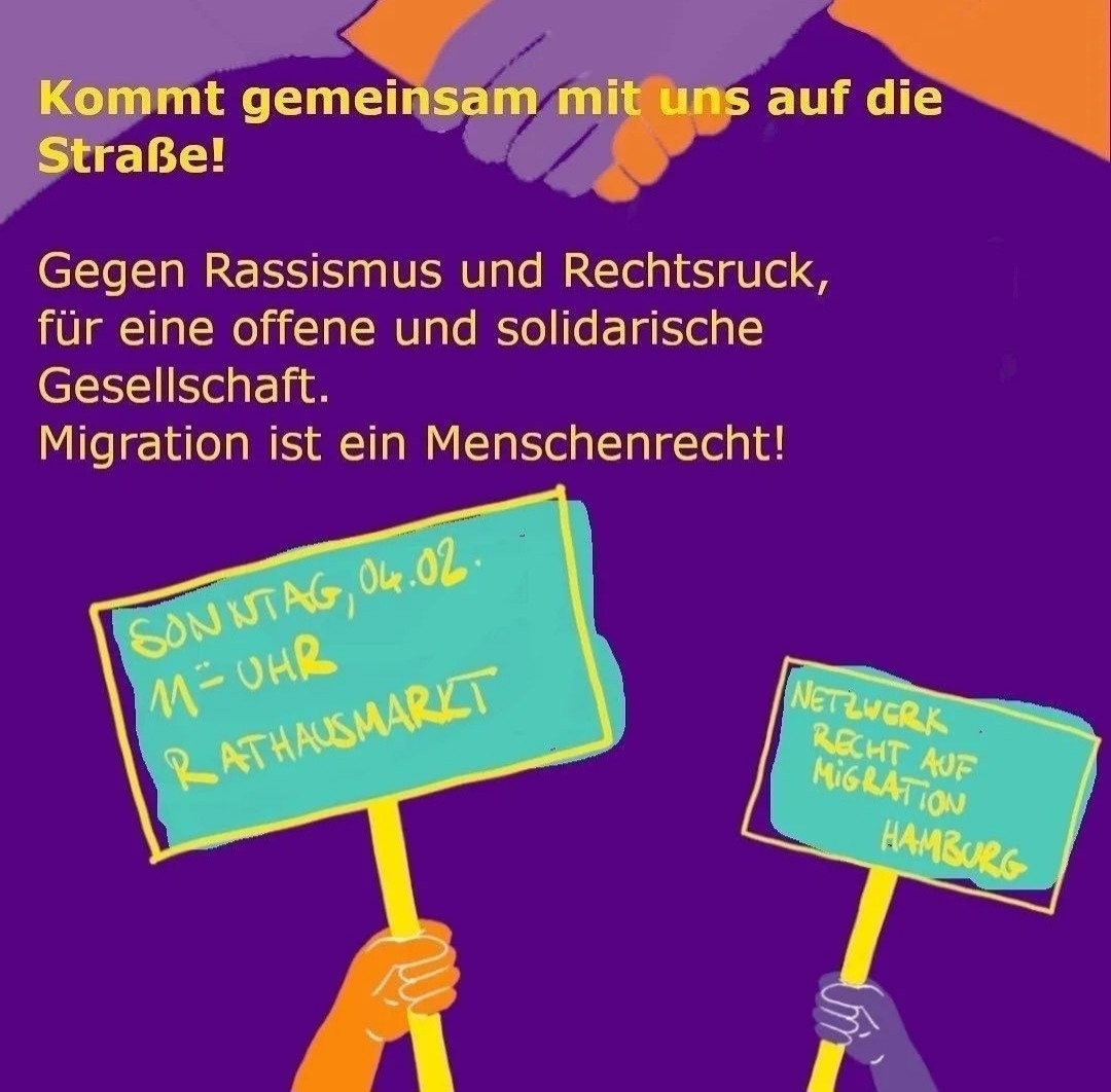 Kommt gemeinsam mit uns auf die
Straße!
Gegen Rassismus und Rechtsruck,
für eine offene und solidarische
Gesellschaft.
Migration ist ein Menschenrecht!