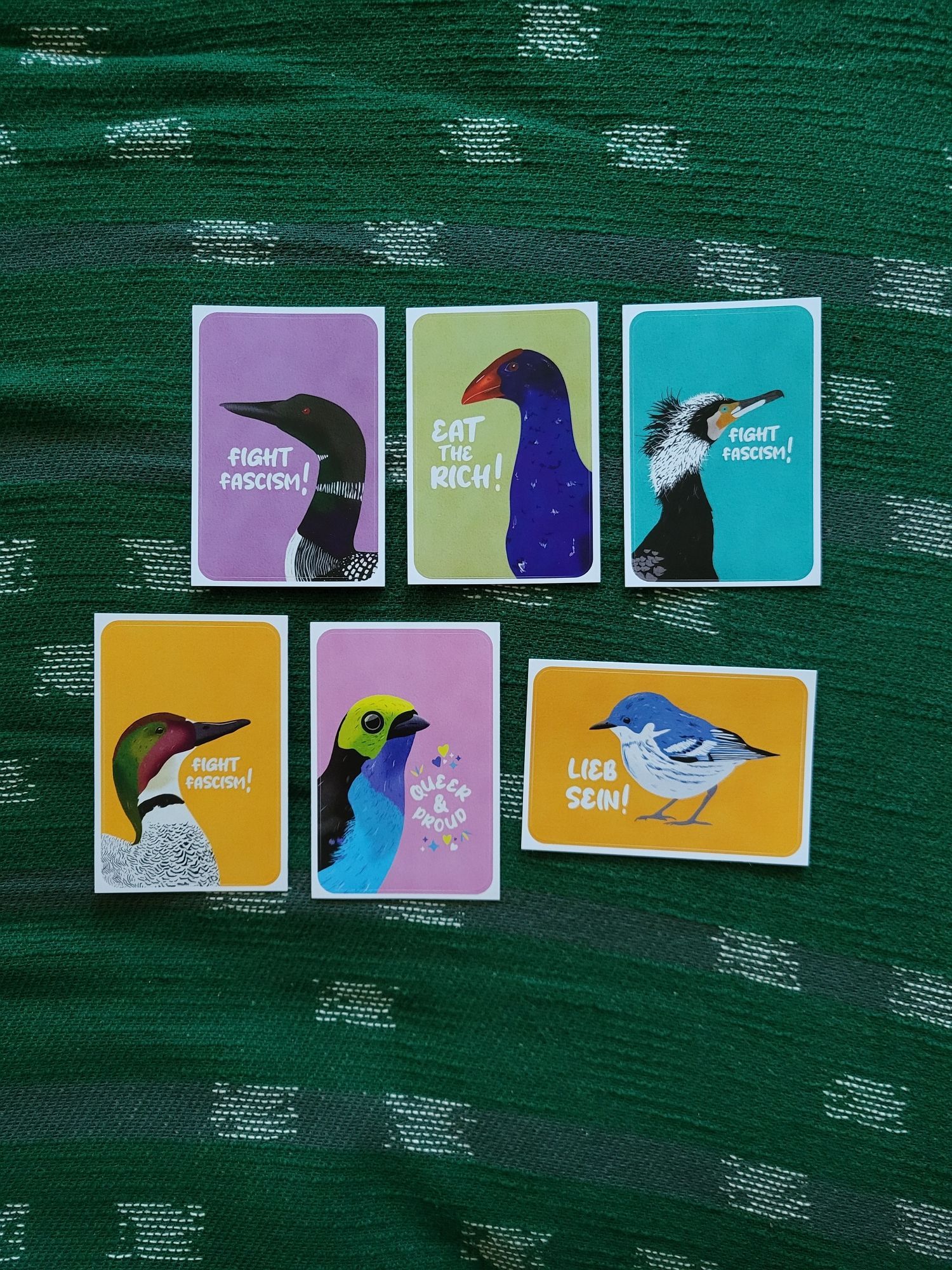 6 Sticker.
4 Motive sind dieselben wie Bild 1: Eistaucher, Sichelente, Siebenfarbentangare und Pukeko.
Zusätzlich ein Blauwaldsänger mit Text: Lieb sein!
Und ein Kormoran mit Text: Fight Fascism