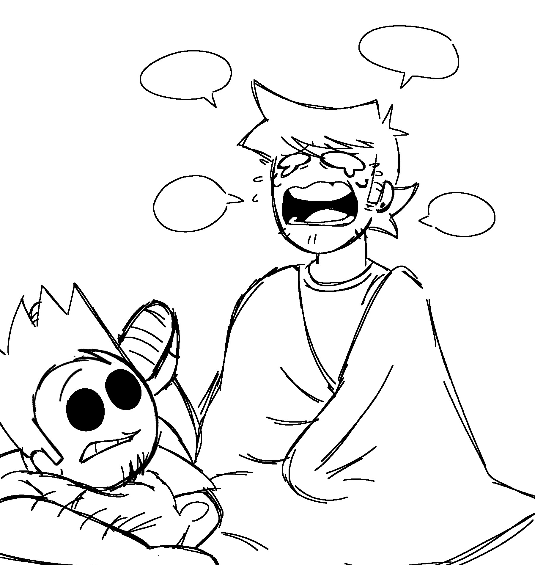 Tom laying in bed while the other boy (the same oc) yap about his problems and start crying louder.