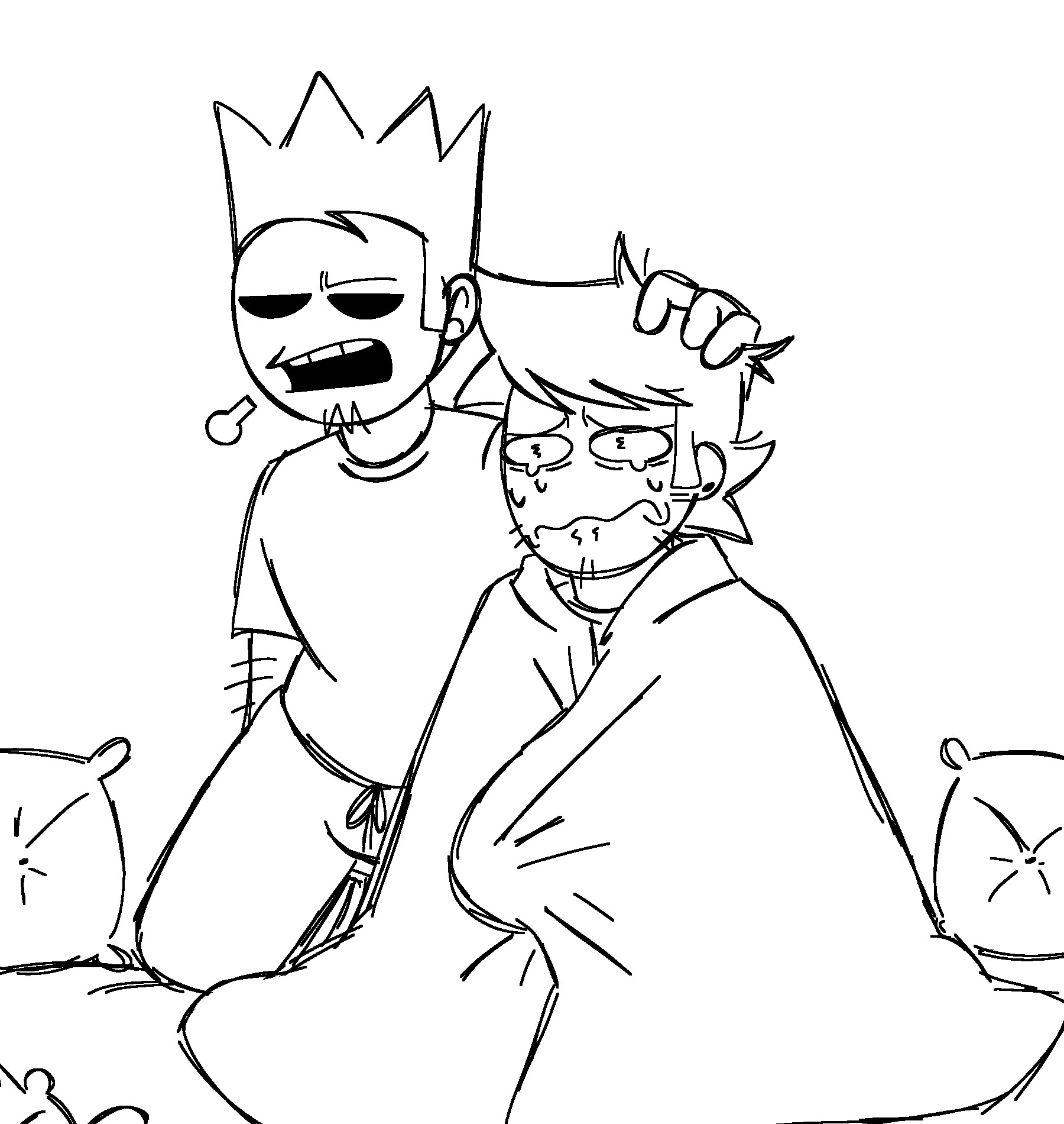 A picture of Tom from eddsworld carefully placing his head on another boy’s (an oc) head, While the same boy tear up