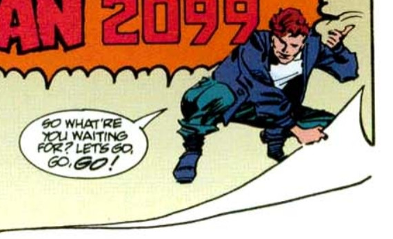 a panel of a small miguel o'hara, turning the page of a comic book and saying "so what're you waiting for? let's go, go, go!"