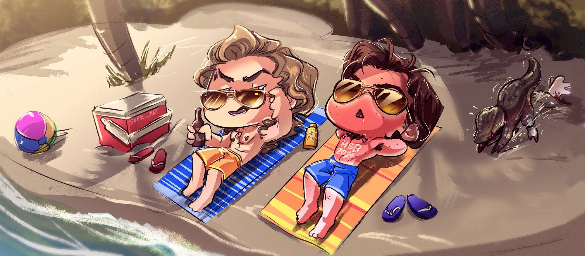 Billy Hargrove and Steve Harrington laying on towels on the beach in a chibi style artwork.