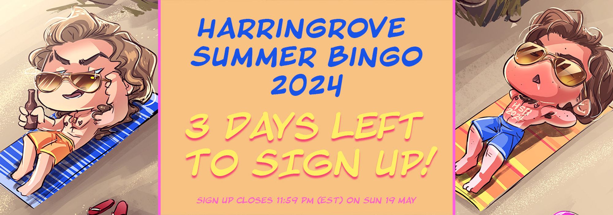 Harringrove Summer Bingo banner with Billy Hargrove and Steve Harrington laying on the beach.