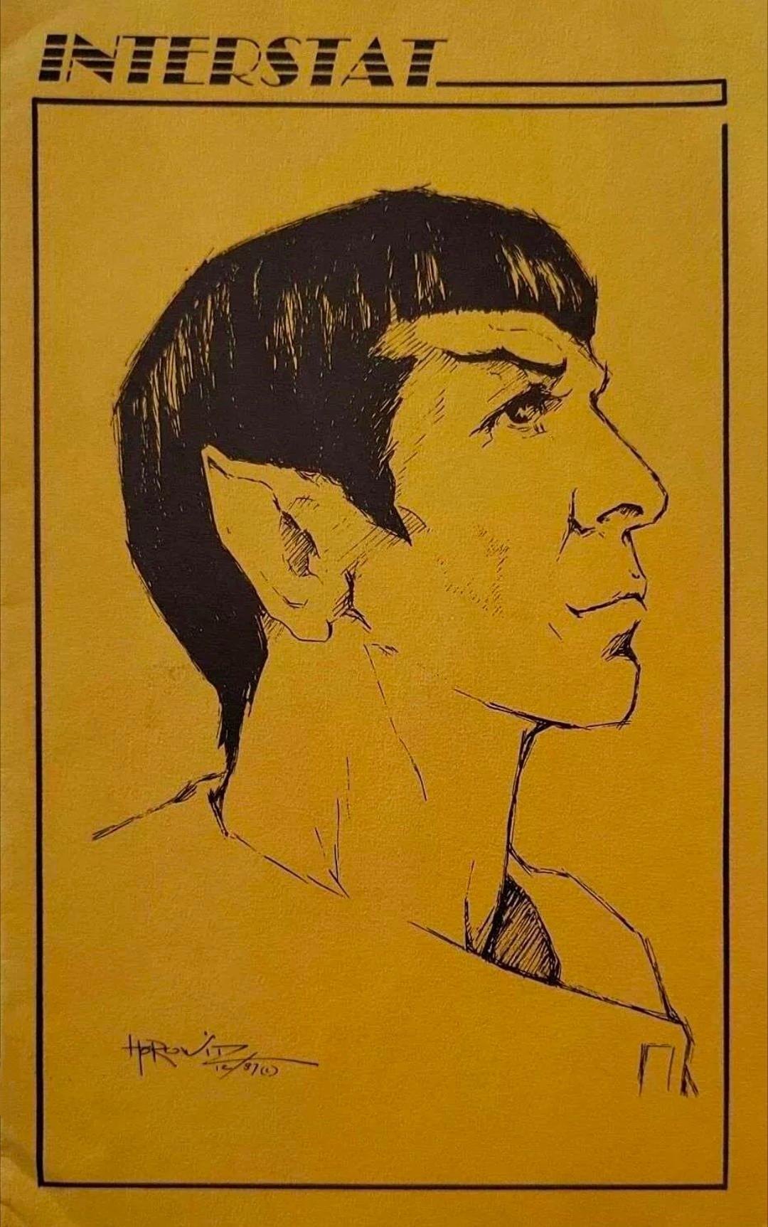 A drawing of Spock by Pat Horowitz on mustard yellow paper. He's looking off/up, out of frame, with his chin lifted slightly.