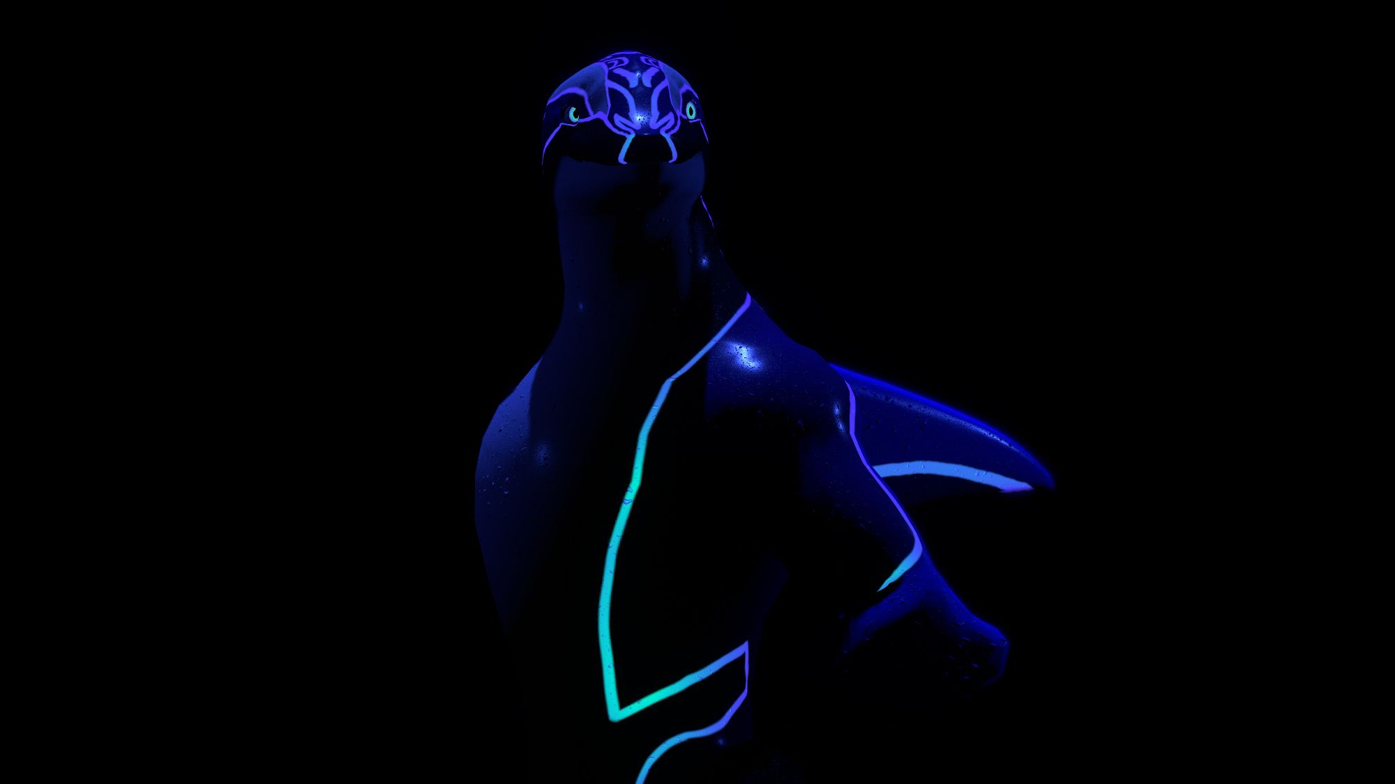 An anthromorphic orca standing in the darkness