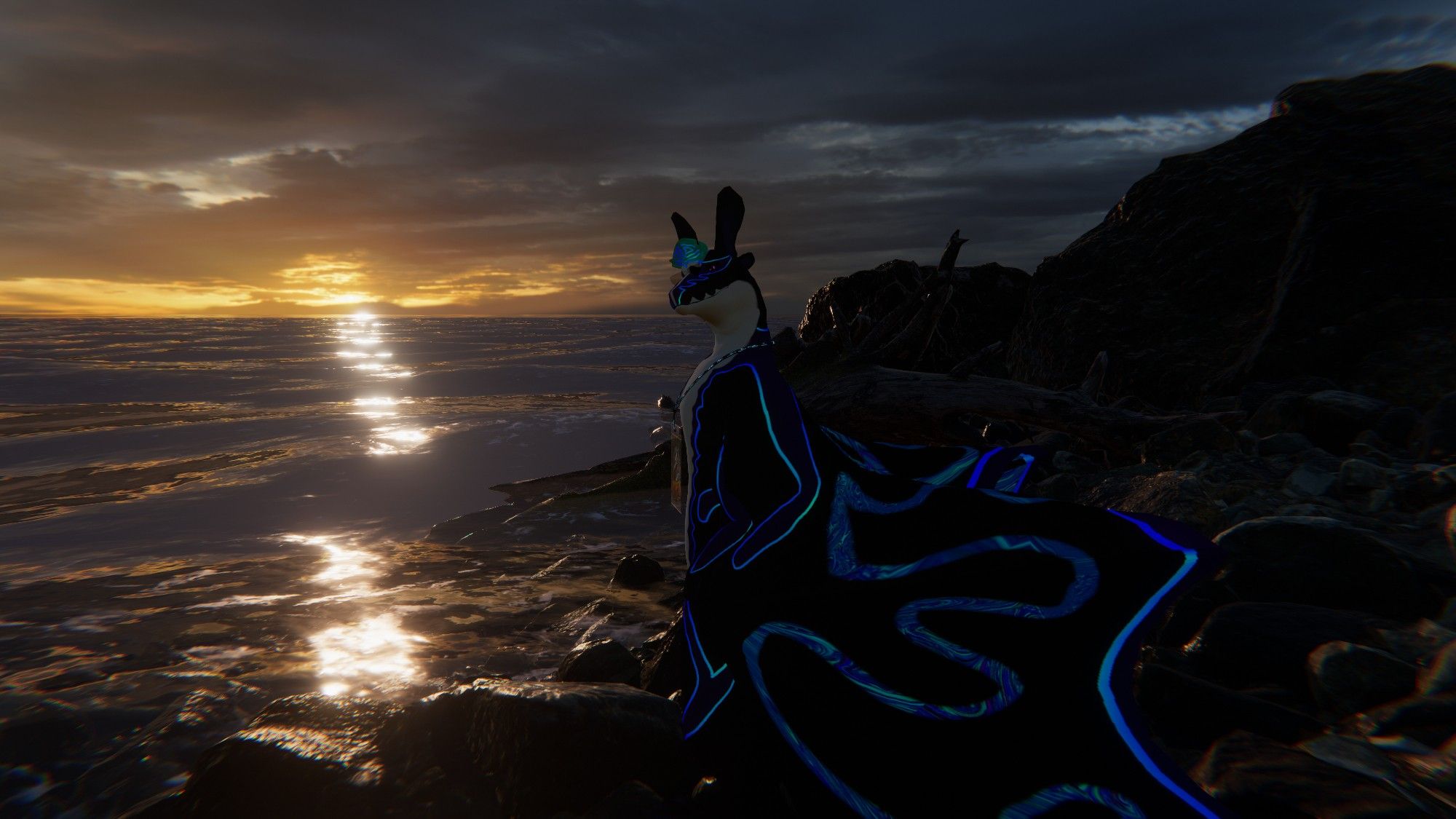 A winged creature looks at the viewer before a seaside backdrop