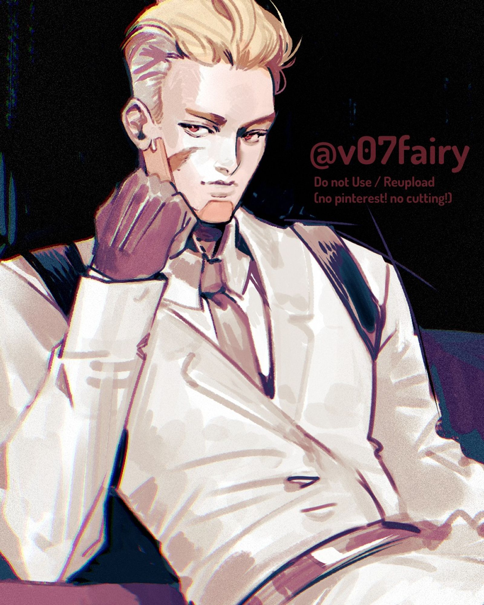 Closeup of a drawing of my OC called Boss from my Comic How to Human. It's in semirealistic style and he sits there in a suit looking  hot and shady.