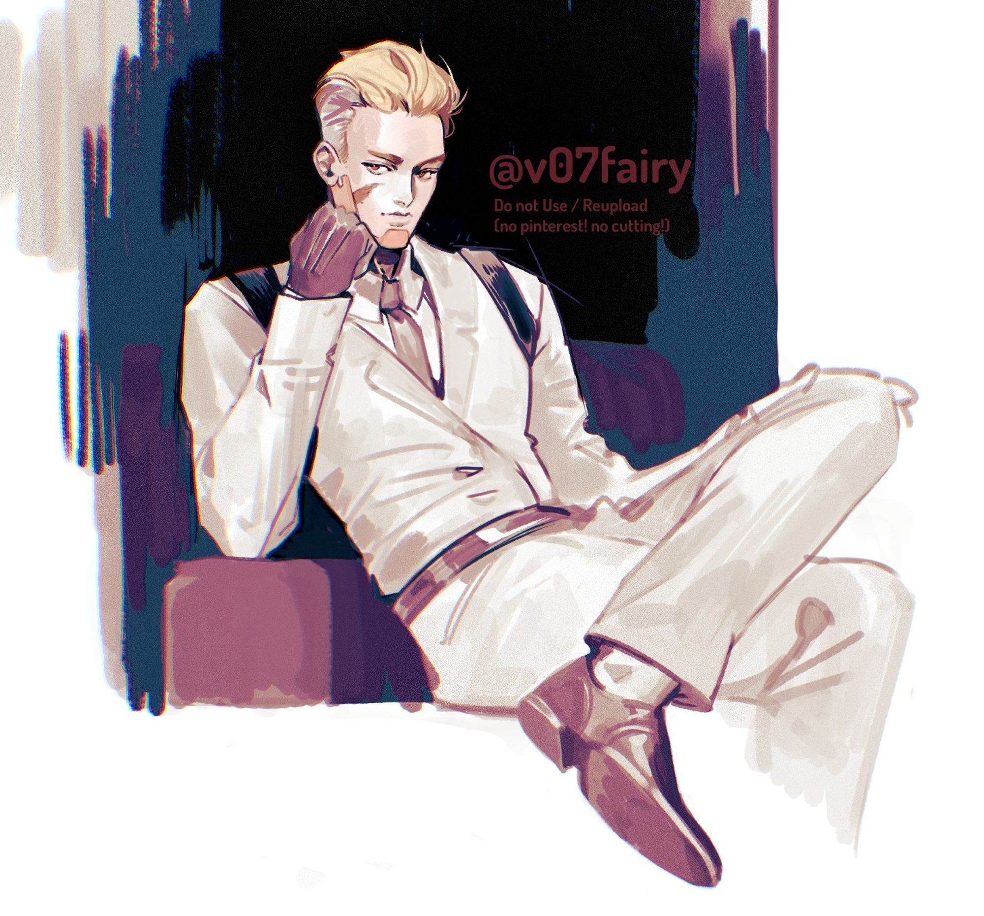 Drawing of my OC called Boss from my Comic How to Human. It's in semirealistic style and he sits there in a suit looking  hot and shady.