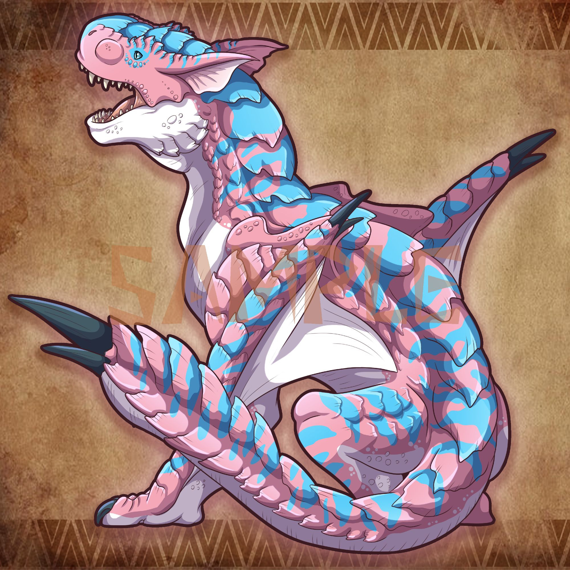 A Tigrex from monster hunter, but instead of being orange with blue stripes, it's pink with blue stripes and white wings, much like the trans pride flag.