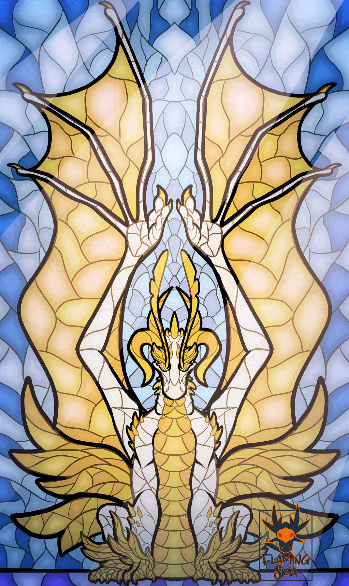 Art of a white and golden dragon spreading his wings, drawn in a style similar to stained glass.