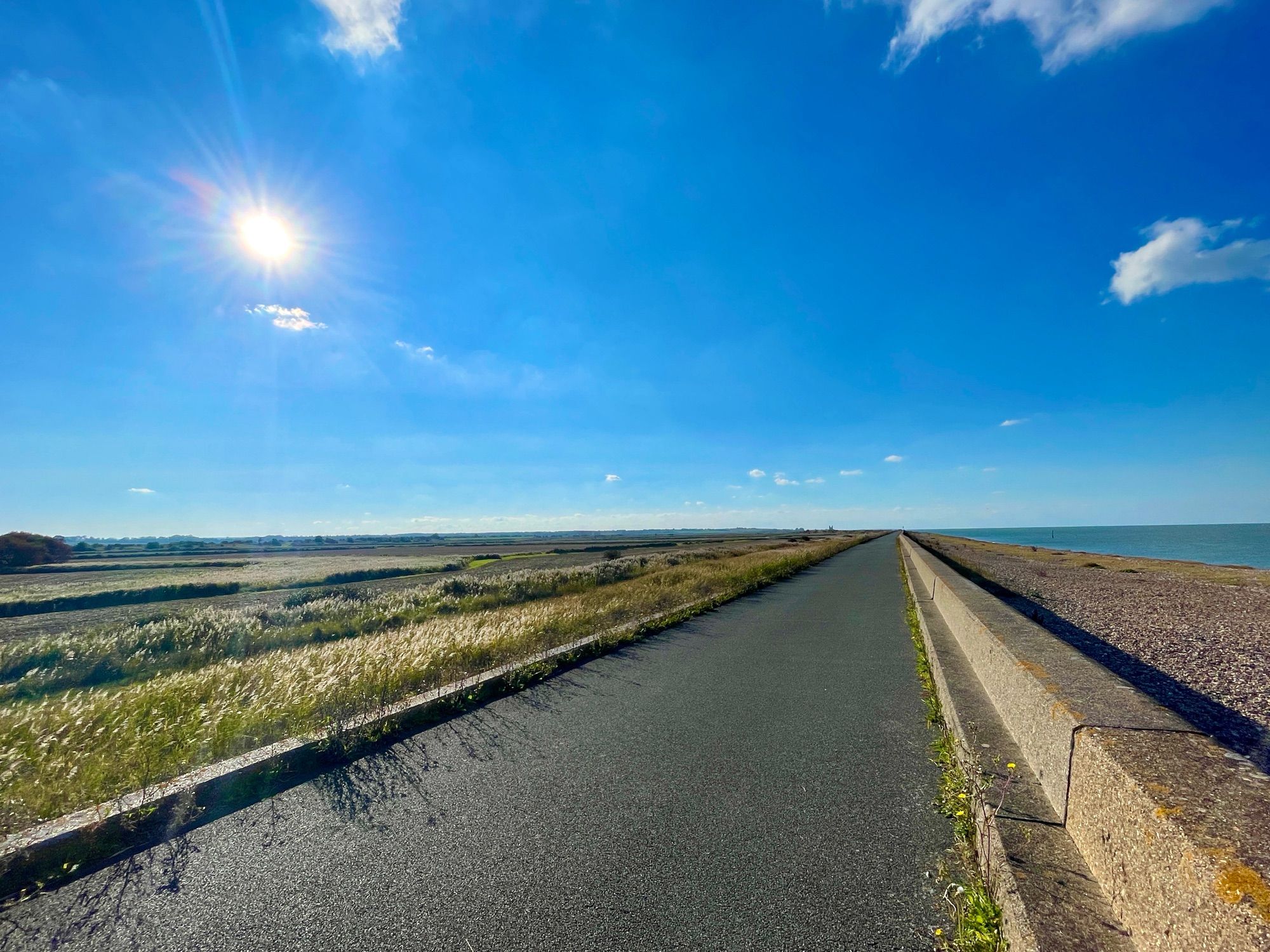 Perfect asphalt bike touring road sitting in between bright blue waters and lush green fields under bright blue sunny skies.