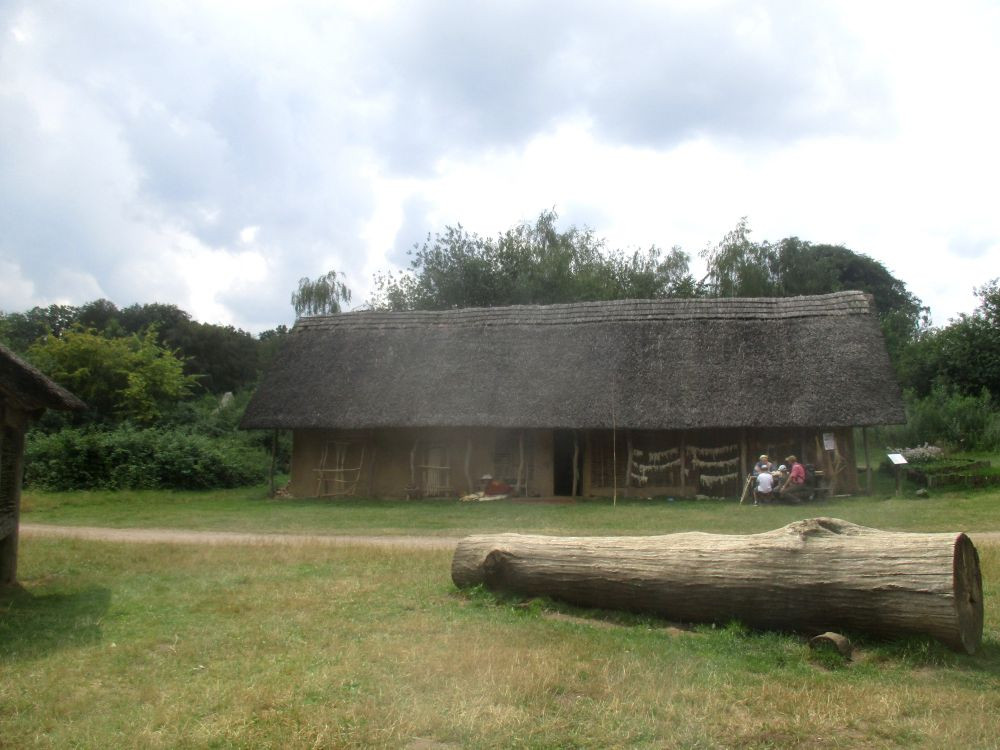 Ein aus Lehm gebautes Haus mit einem Reetdach. Man sieht es von der Seite. Es ist lang und hat in der Mitte einen Giebel. Es handelt sich um den Nachbau des Jungsteinzeitlichen Flintbekhauses im Steinzeitpark Dithmarschen.