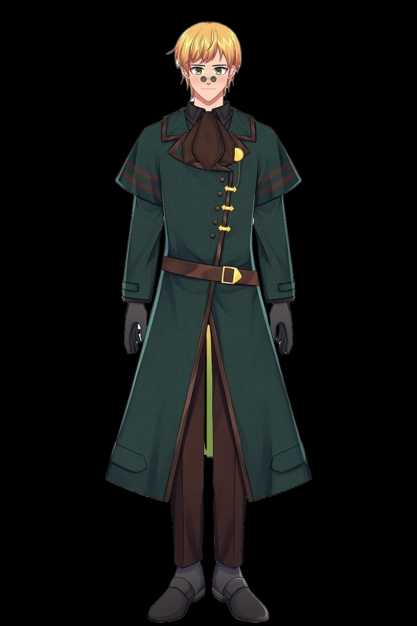 A and small glasses. He is wearing a dark green and brown fantasy librarian uniform and there is no background.