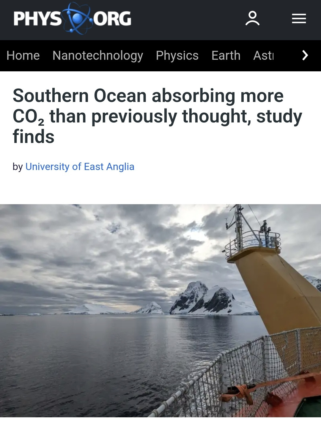 Frontpiece of popular science article from 2024 about Southern Ocean being more of a CO2 than previously thought