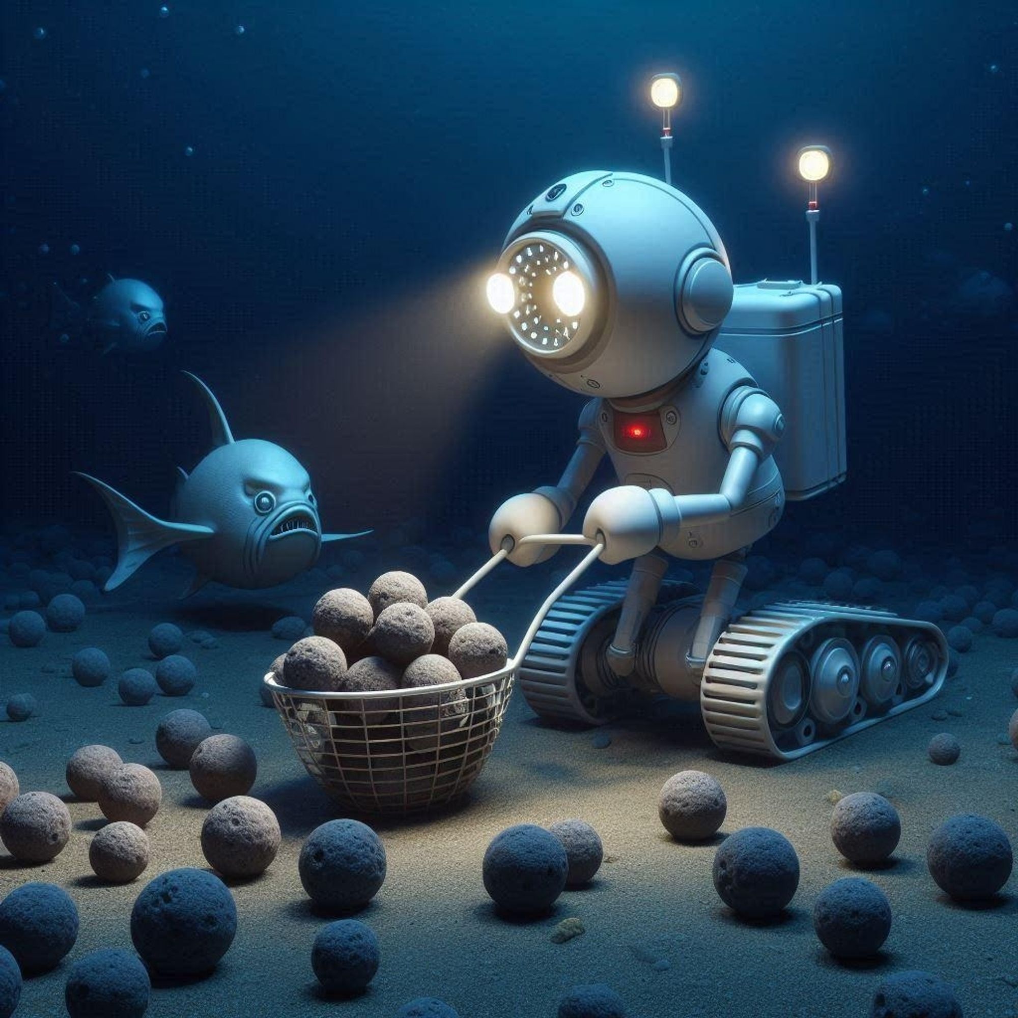 An AI-generated image of a hypothetical deep-sea robot collecting manganese nodules from the seafloor one by one to reduce the impact of the activity.