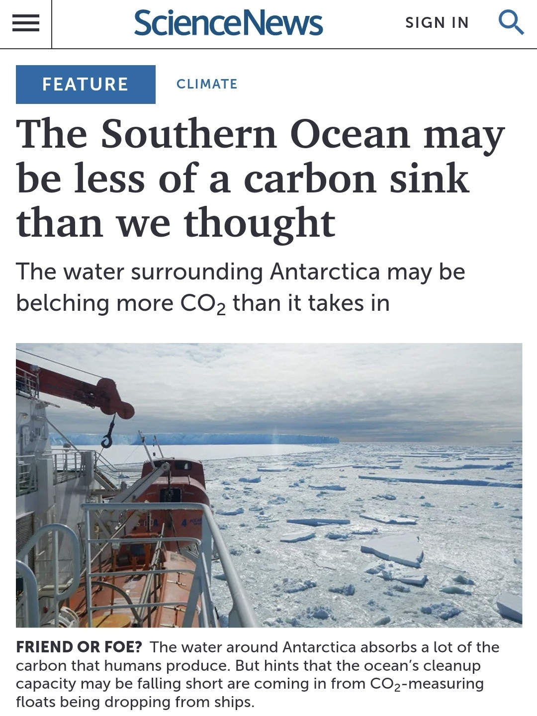 Frontpiece of popular science article from 2019 about Southern Ocean being less of a CO2 than previously thought