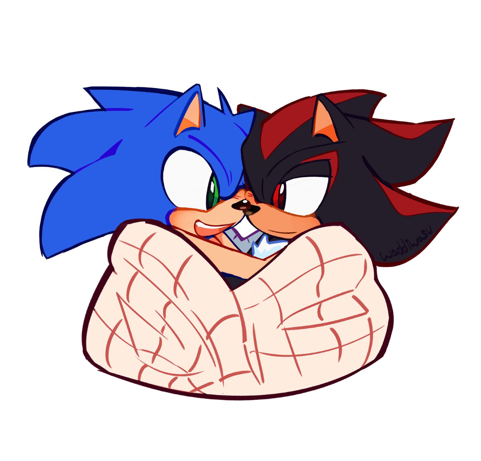 Sonic and Shadow cuddling under a blanket because its autumn and its cold