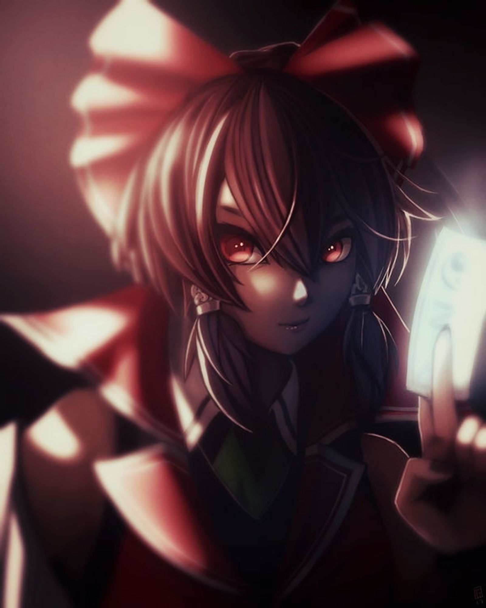 Portrait of video game character Hakurei Reimu in a dark environment.