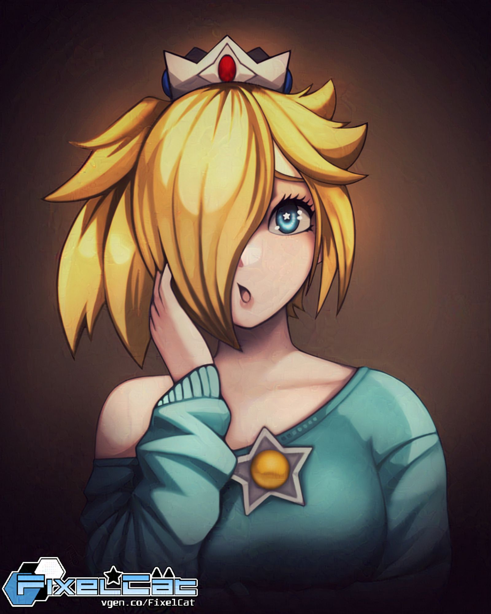 Portrait of Princess Rosalina from the video game Super Mario Galaxy. She has a surprised expression and is wearing an alternative outfit. A sweater and a ponytail.