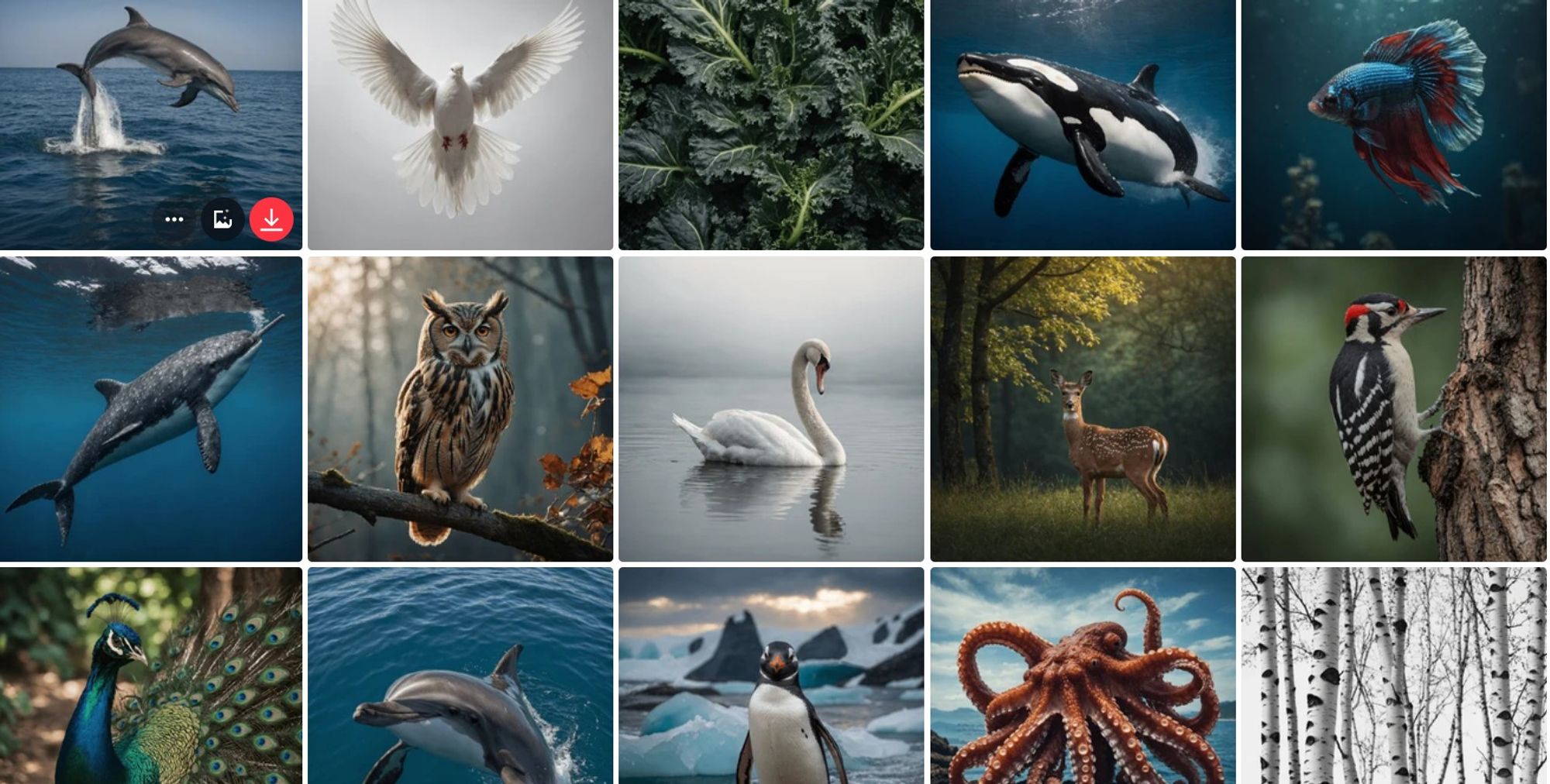 A screen shot of a gallery of multiple images of animals that have all been AI generated, many with obvious give away signs such as weird limbs or tails.