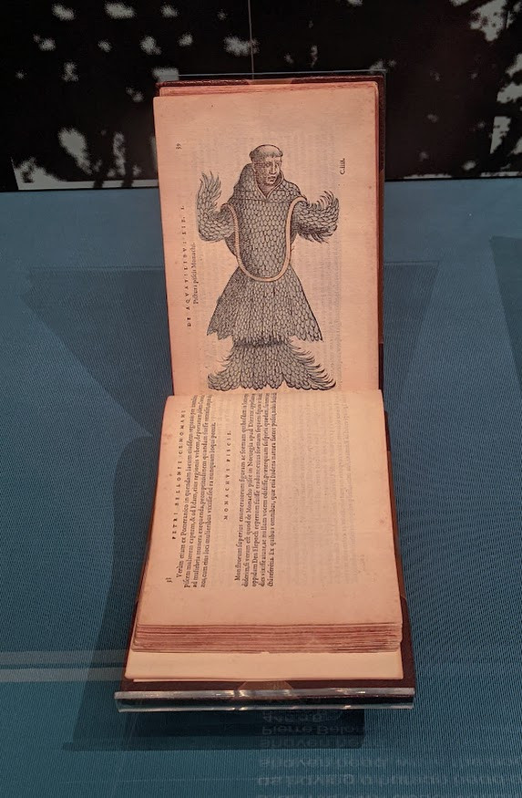 A book from 1553 open on a page showing an old colour drawing of what is meant to a monkfish, except it has the head of a monk on the scaled body of a fish. It also has weird, scaley human arms too. 