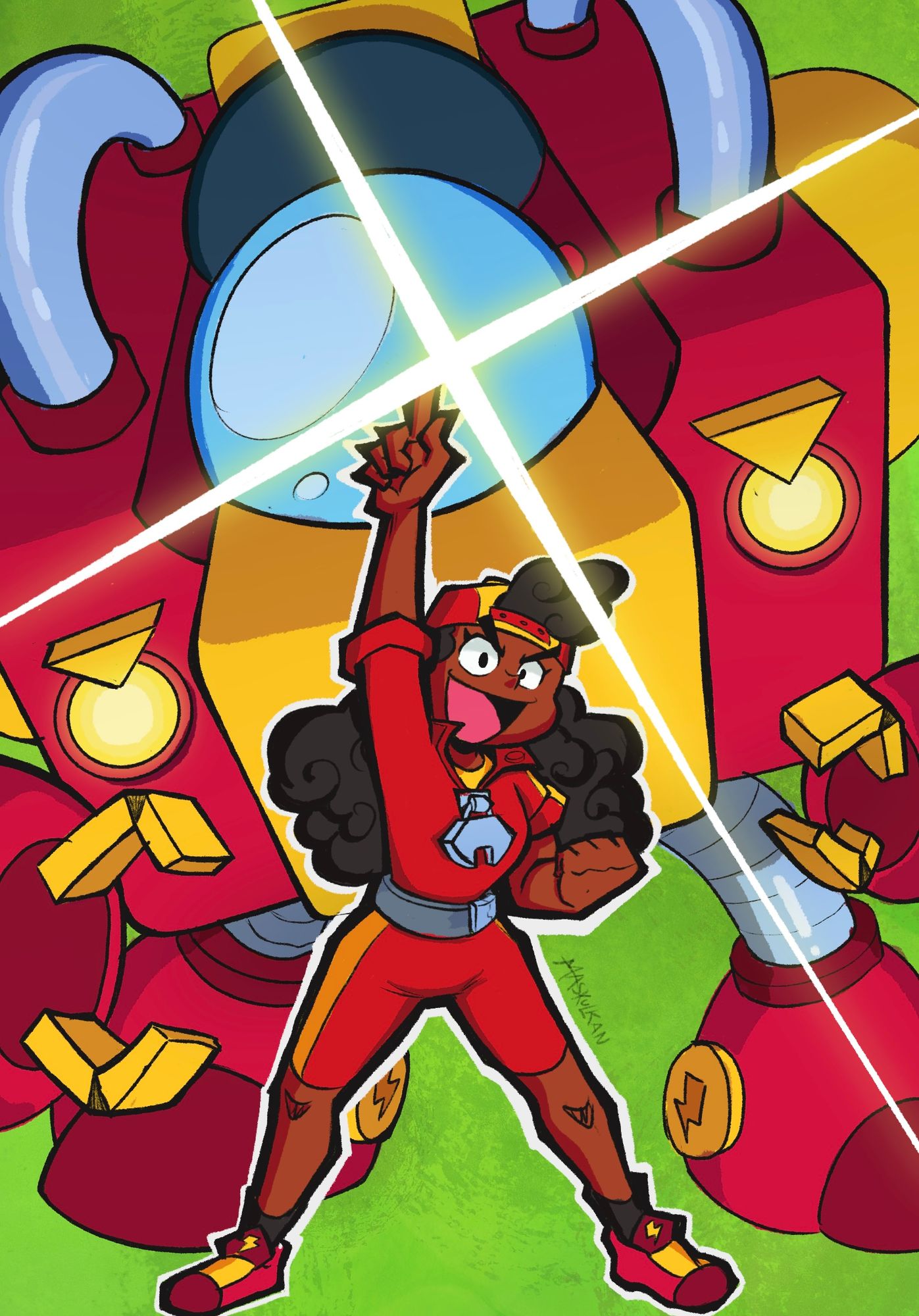 Meg from Brawl Stars in front of her mech, pointing upwards with her right arm