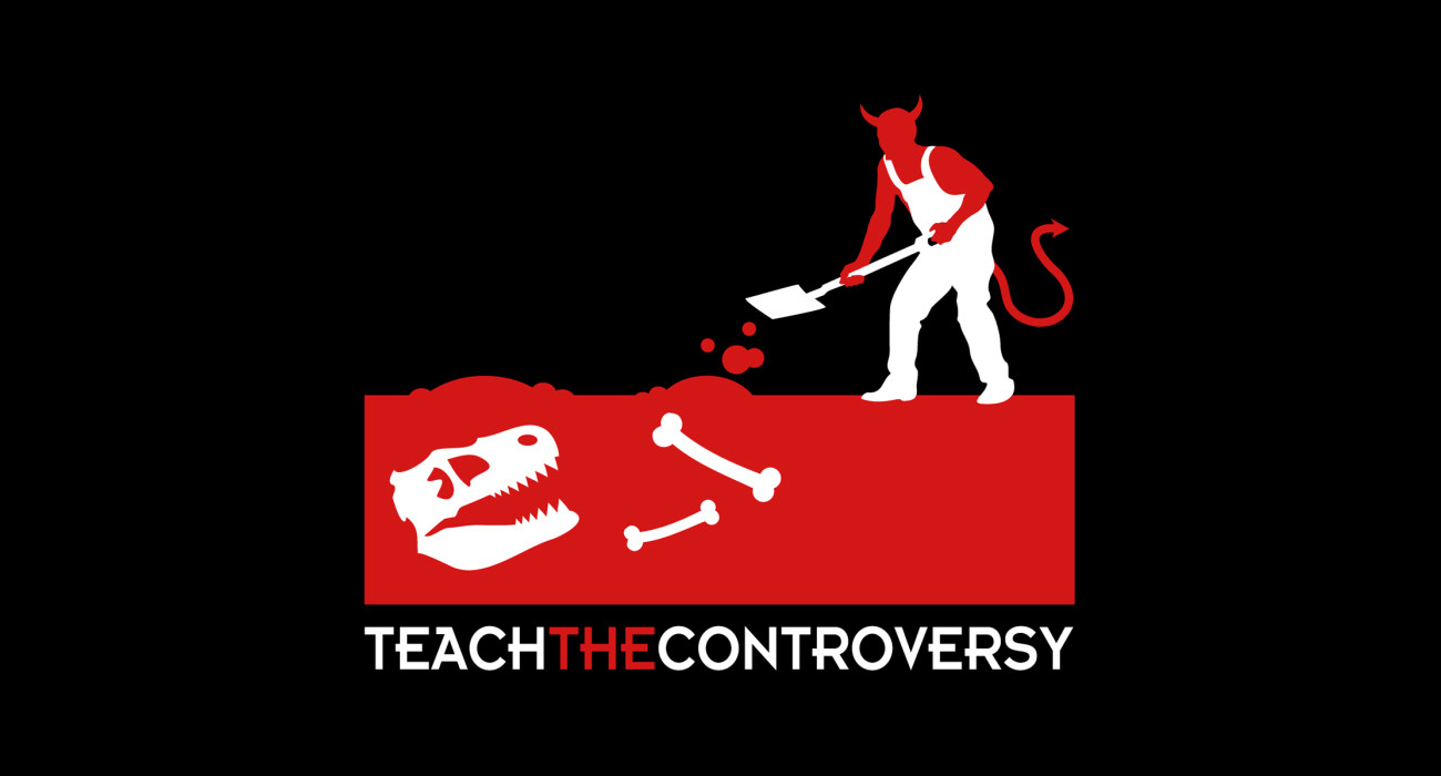 A devil in overalls burying dinosaur bones in the ground. Below are the words “teach the controversy.”