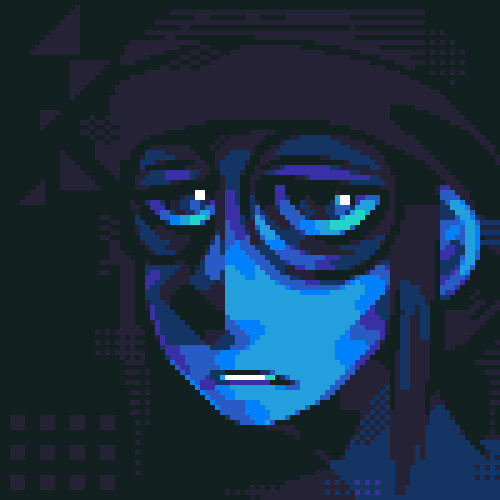 A person with glasses and a bleak expression. Tired. The face draws you in with high rendering while the rest of the form fades into the dark background growing increasing abstract.