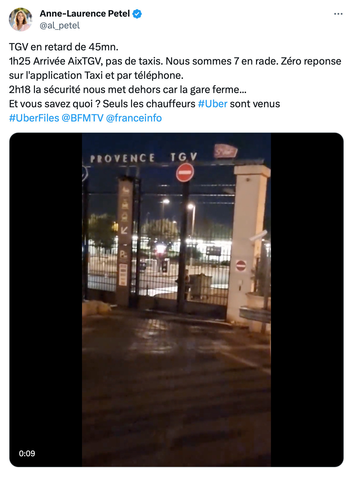 Anne-Laurence Petel justifie les UberFiles car seuls des chauffeurs Uber sont venus la chercher à la gare d'AixTGV.