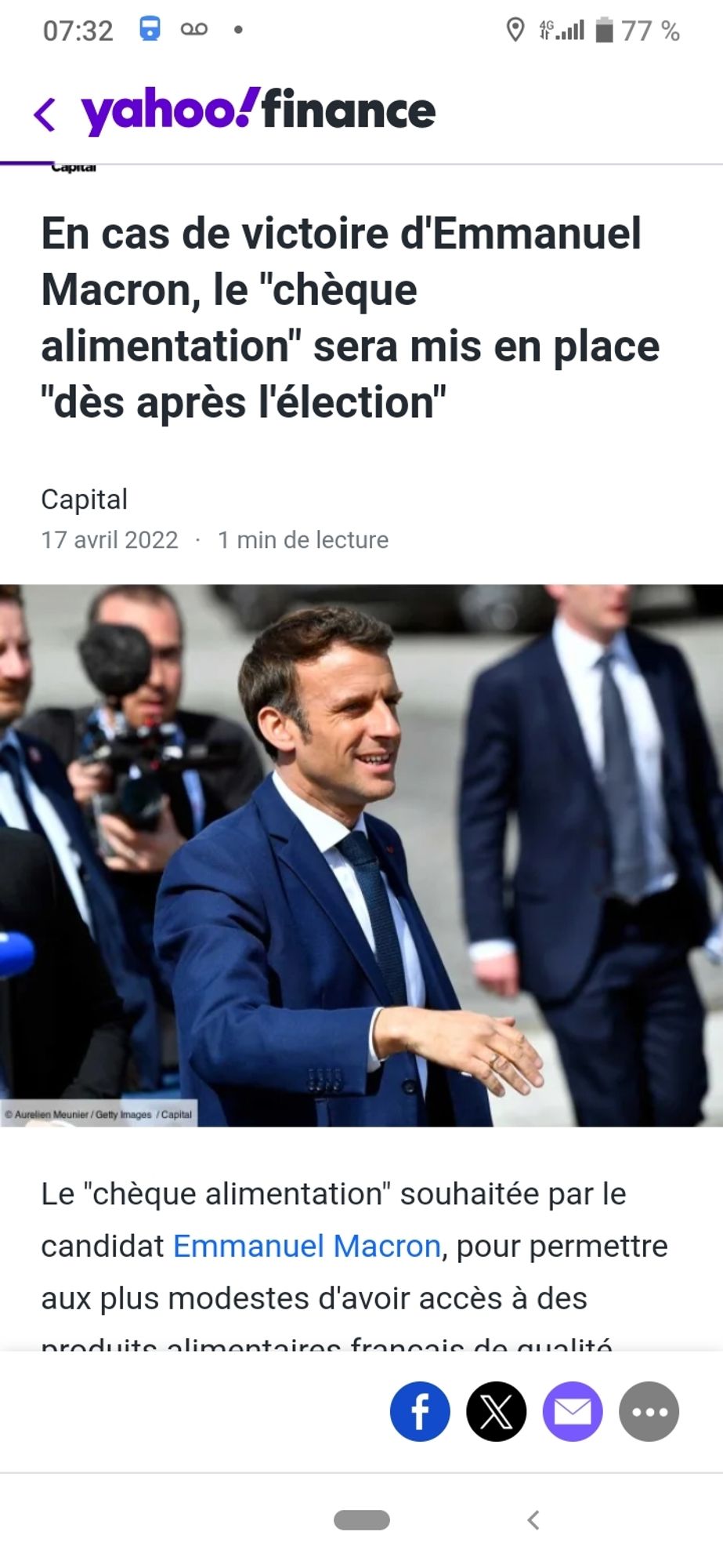 En cas de victoire d'Emmanuel Macron, le "chèque alimentation" sera mis en place "dès sa réélection". Capital, avril 2022