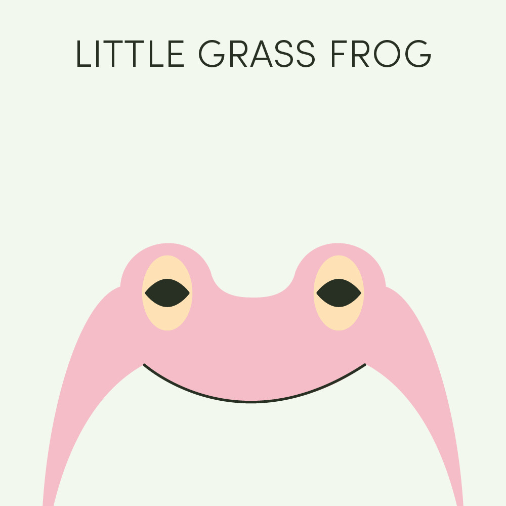 Episode art for Frog of the Week's "Little Grass Frog". The frog is tiny and pink with bright yellow eyes.