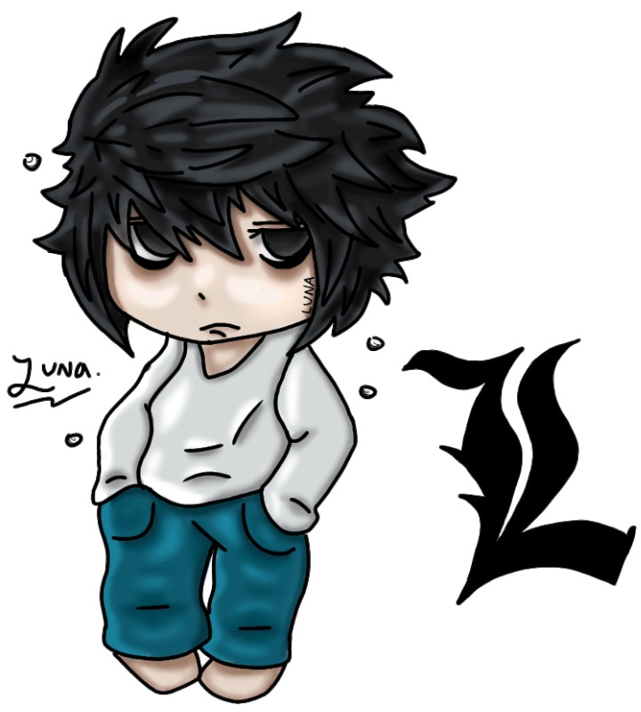 Art of the Nendoroid figure of anime character L Lawliet from the anime death note. Art by @lunaberrii.bsky.social