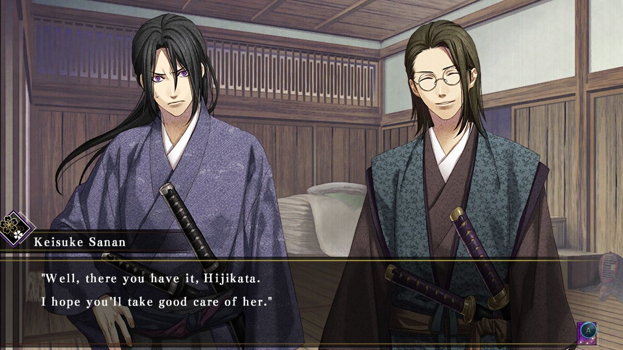 Screenshot from the game Hakuoki: Kyoto Winds. Keisuke Sanan (R) (wearing green + brown attire, having just below chin length hair and glasses)  is smiling while teasing Toshizo Hijikata (L) (wearing purple-blue attire, having long black hair and purple eyes) looks extremely distraught and agitated.