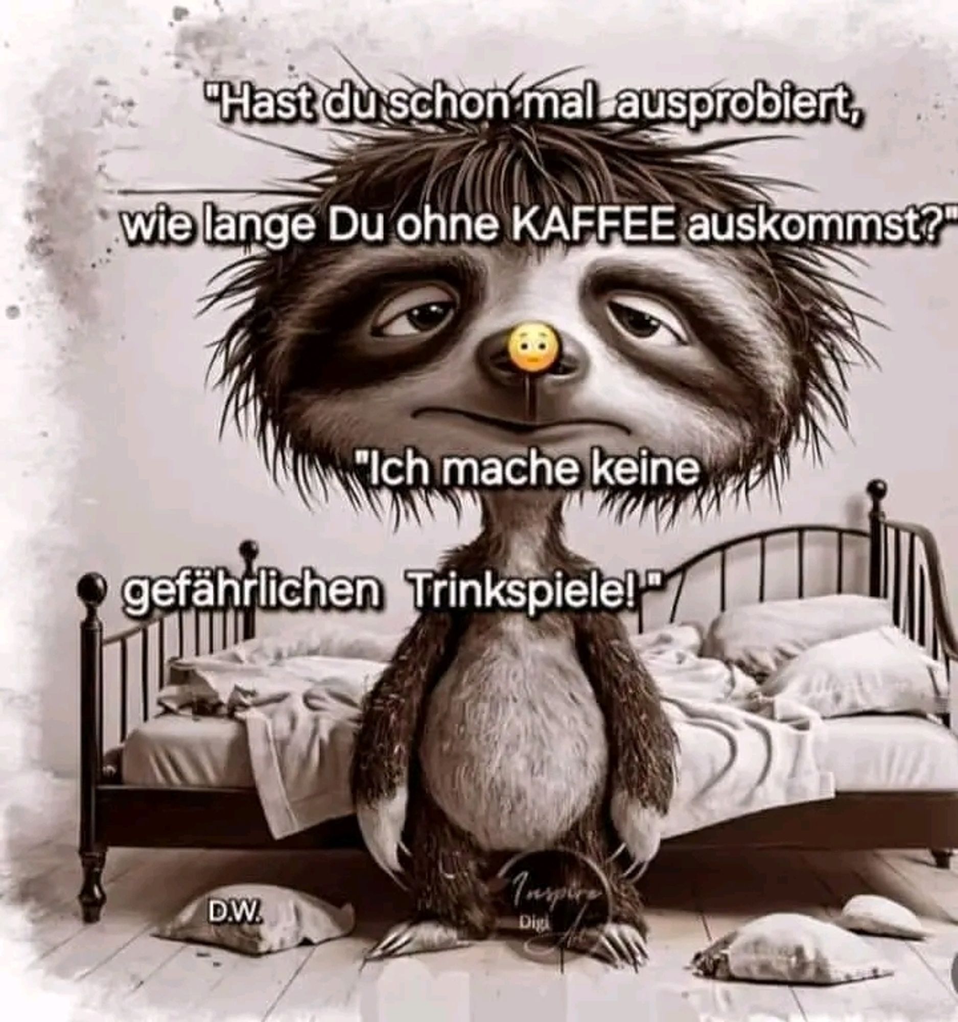 Ein kleines Opossum steht müde vor seinem zerwühlten Bett