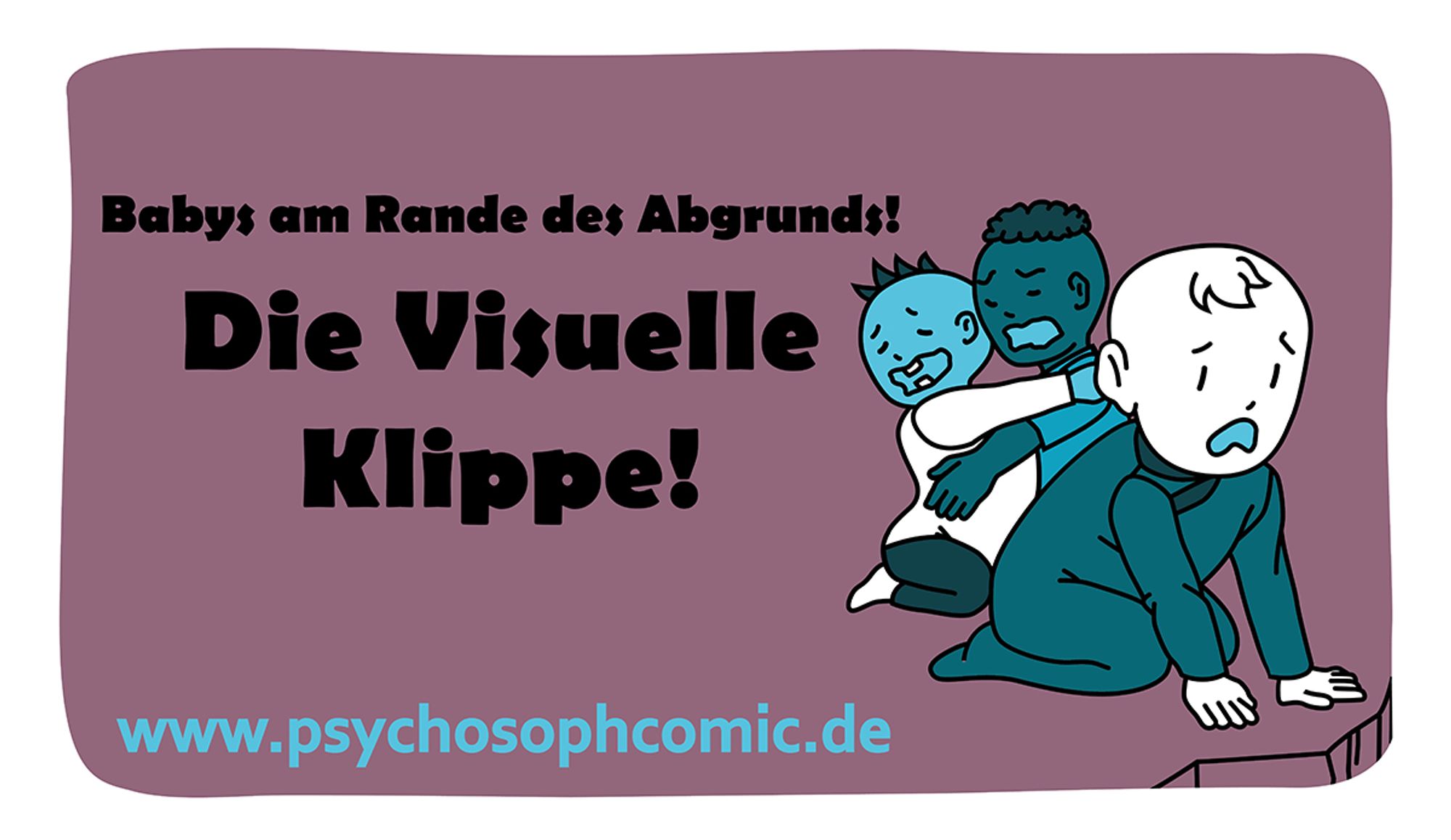 Thumbnail für das psychoSoph Kapitel „Babys am Rande des Abgrunds! Die visuelle Klippe“. Dargestellt sind 3 Babys, die einer Klippe sitzen und Angst vor ihr haben.