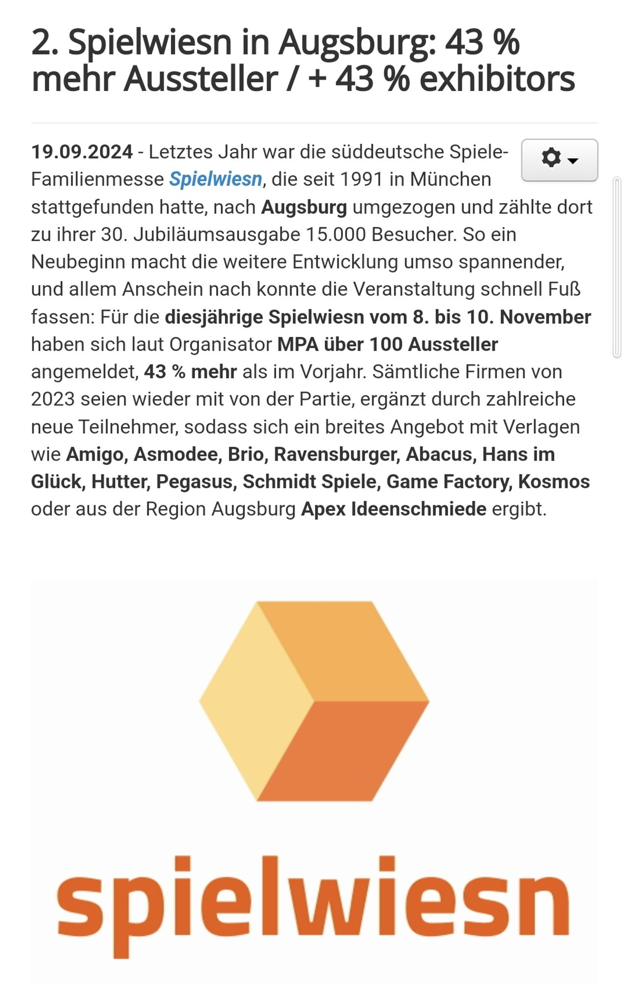 Screenshot mit Infos zur Aussteller Zahl der Spielwiesn