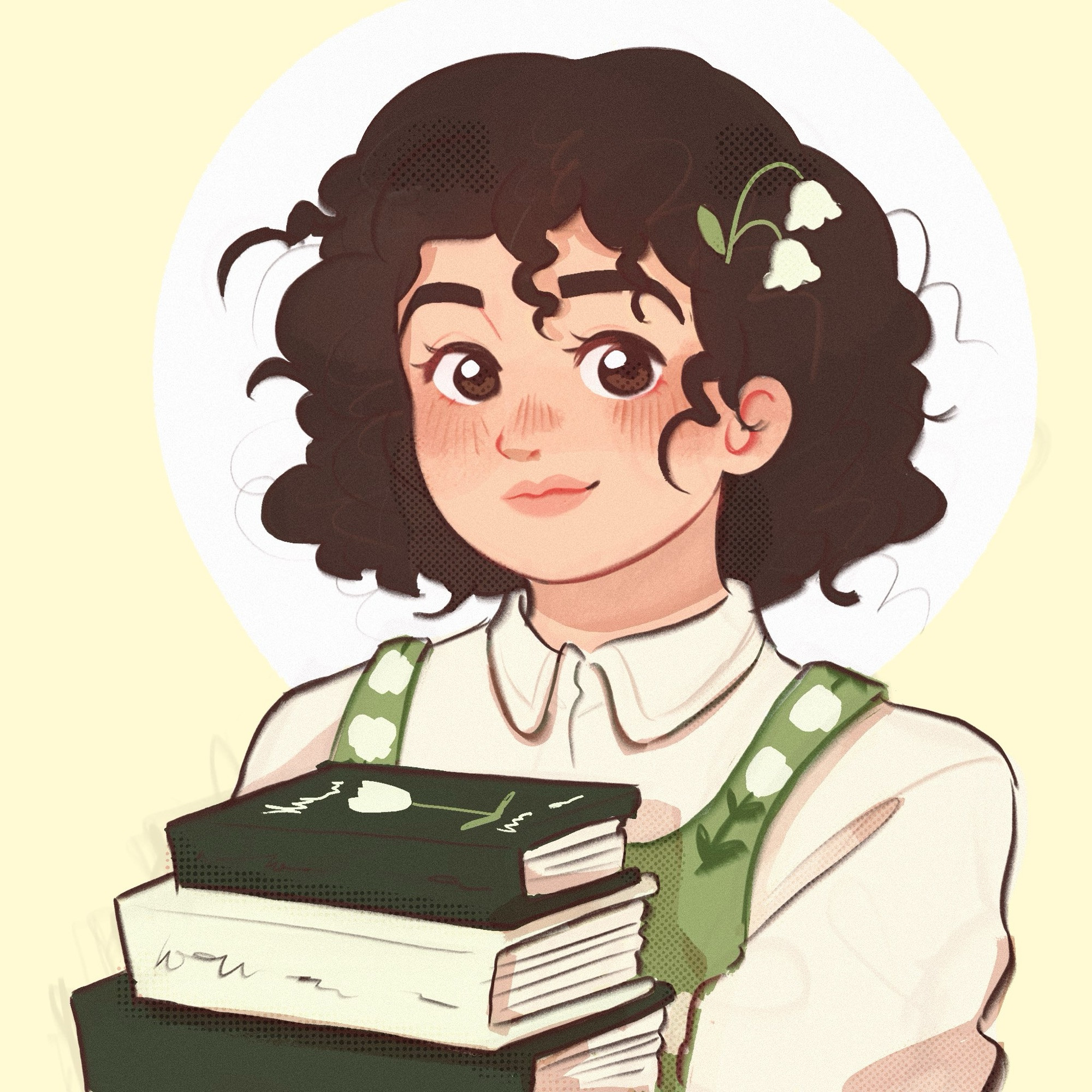 an illustration of a smiling lili, with two white tulips in dark brown curly hair, dark brown eyes, a light green vest with embroidered white tulips over a white shirt, and holding three white and dark green books with a white tulip illustrated on the top cover. 